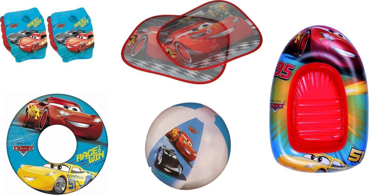 Cars Zomerpakket | Funpakket | Zomerspeelgoed | Zwemband | Zwembandjes | Strandbal | Opblaasboot 102 x 69CM! | 5-in-1 | Waterpret | 2x Zonnescherm | Jongens | Boys